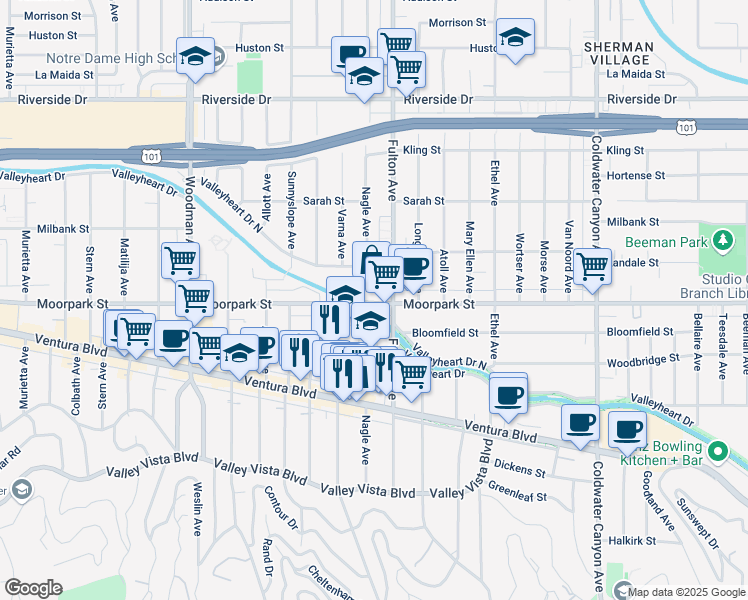 map of restaurants, bars, coffee shops, grocery stores, and more near 13323 Moorpark Street in Los Angeles
