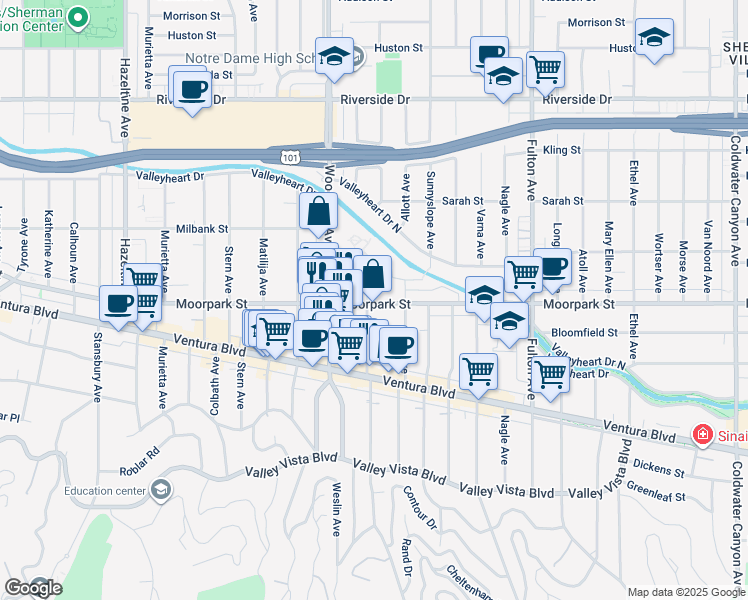 map of restaurants, bars, coffee shops, grocery stores, and more near 13577 Moorpark Street in Los Angeles