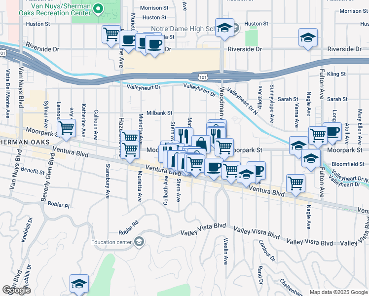 map of restaurants, bars, coffee shops, grocery stores, and more near 4410 Matilija Avenue in Los Angeles