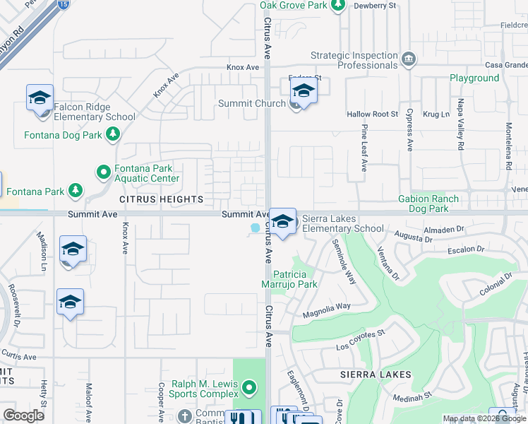 map of restaurants, bars, coffee shops, grocery stores, and more near 15820 Summit Avenue in Fontana