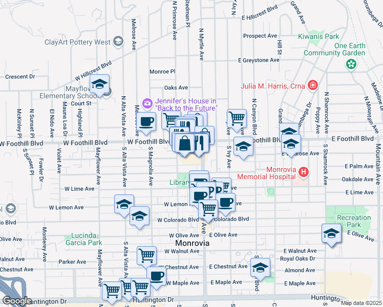 map of restaurants, bars, coffee shops, grocery stores, and more near 140W West Foothill Boulevard in Monrovia