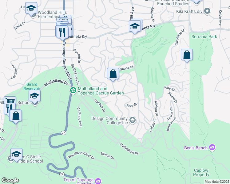 map of restaurants, bars, coffee shops, grocery stores, and more near San Blas Avenue in Los Angeles