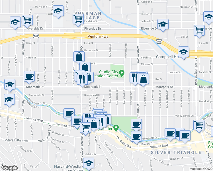 map of restaurants, bars, coffee shops, grocery stores, and more near 12715 Moorpark Street in Los Angeles