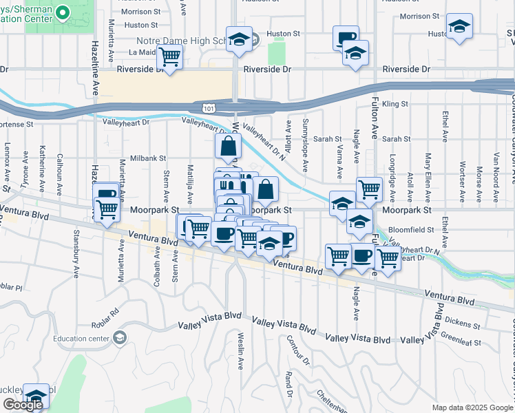 map of restaurants, bars, coffee shops, grocery stores, and more near 4405 Ventura Canyon Avenue in Los Angeles