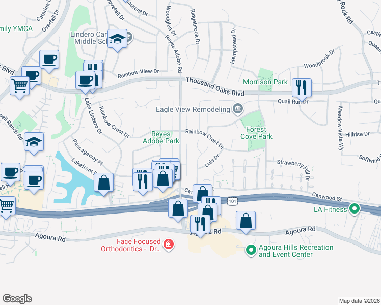 map of restaurants, bars, coffee shops, grocery stores, and more near 5426 Cedarhaven Drive in Agoura Hills