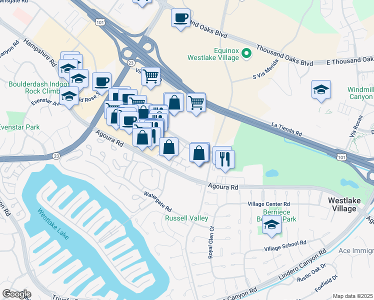 map of restaurants, bars, coffee shops, grocery stores, and more near 1122 Stoneybrook Lane in Westlake Village