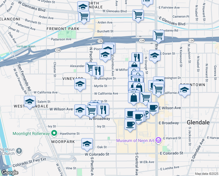 map of restaurants, bars, coffee shops, grocery stores, and more near 342 Myrtle Street in Glendale