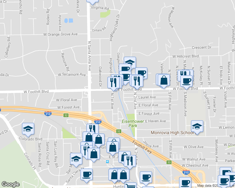 map of restaurants, bars, coffee shops, grocery stores, and more near 1012 North 1st Avenue in Arcadia