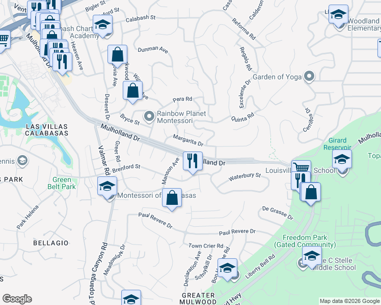 map of restaurants, bars, coffee shops, grocery stores, and more near 22739 Mulholland Drive in Los Angeles
