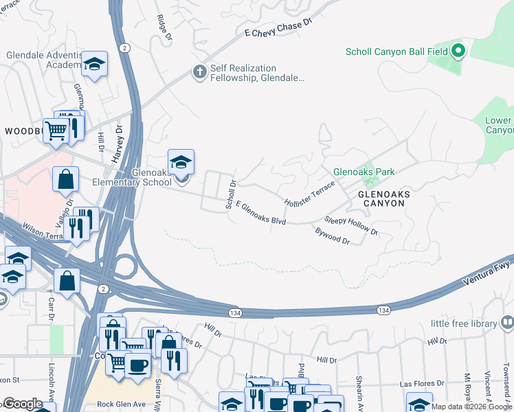 map of restaurants, bars, coffee shops, grocery stores, and more near 2241 East Glenoaks Boulevard in Glendale