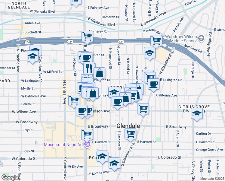 map of restaurants, bars, coffee shops, grocery stores, and more near 312 North Kenwood Street in Glendale