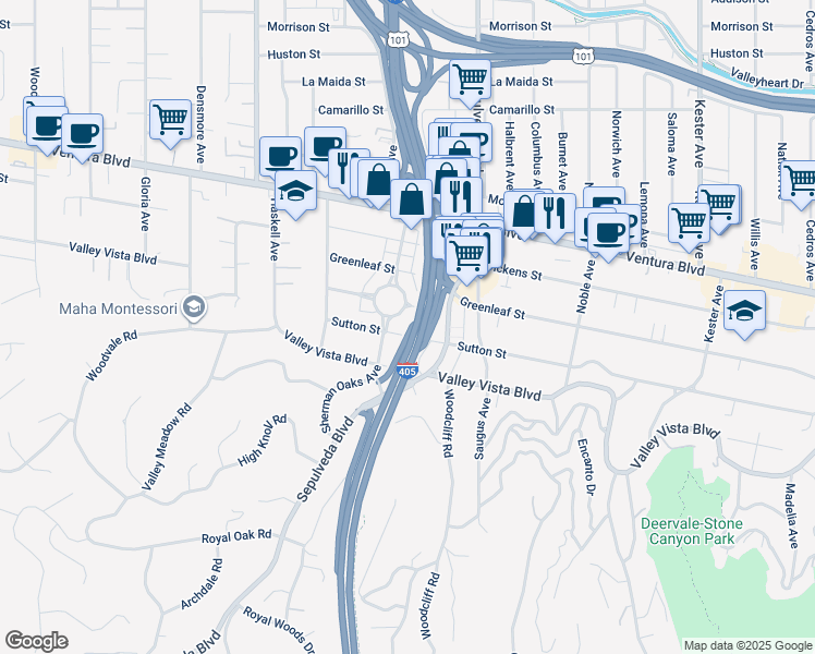 map of restaurants, bars, coffee shops, grocery stores, and more near 15347 Sutton Street in Los Angeles