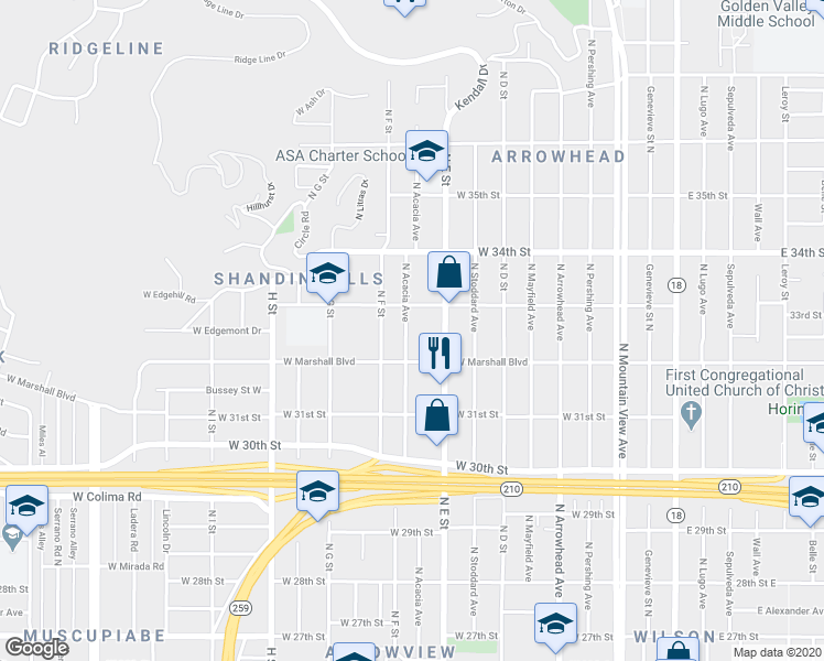 map of restaurants, bars, coffee shops, grocery stores, and more near 3255 North Acacia Avenue in San Bernardino