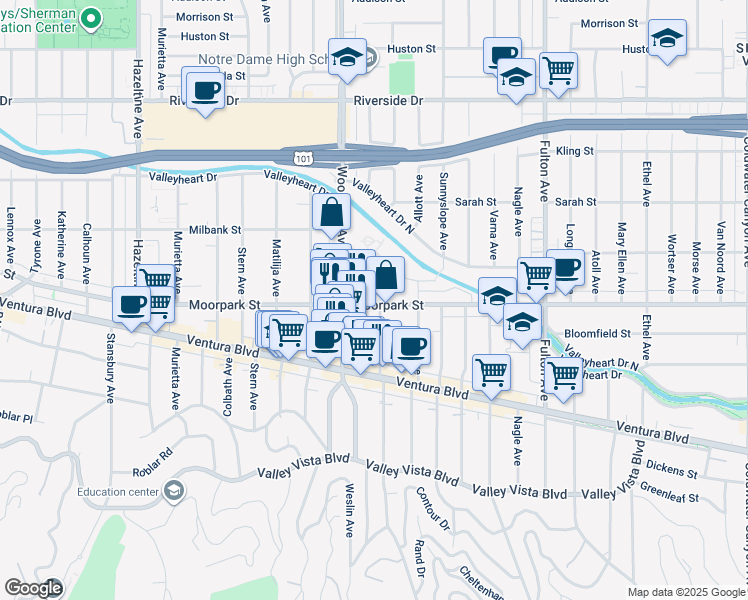 map of restaurants, bars, coffee shops, grocery stores, and more near 4405 Ventura Canyon Avenue in Los Angeles