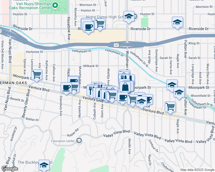 map of restaurants, bars, coffee shops, grocery stores, and more near 4405 Matilija Avenue in Los Angeles