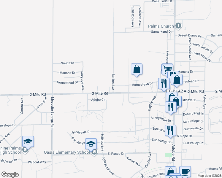 map of restaurants, bars, coffee shops, grocery stores, and more near 73268 2 Mile Road in Twentynine Palms