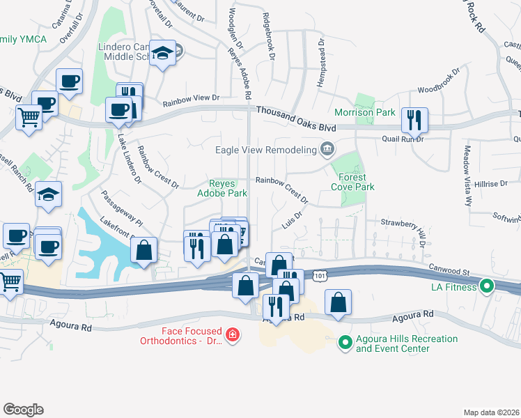 map of restaurants, bars, coffee shops, grocery stores, and more near 5426 Cedarhaven Drive in Agoura Hills