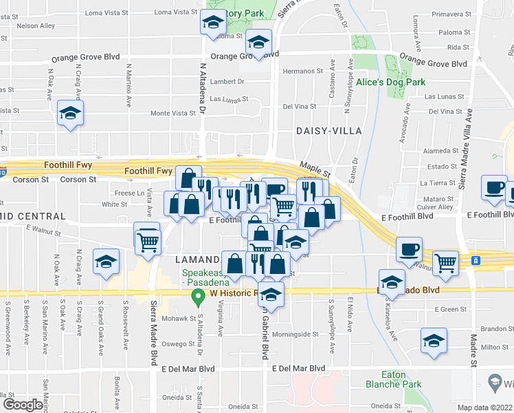 map of restaurants, bars, coffee shops, grocery stores, and more near 250 North Vinedo Avenue in Pasadena