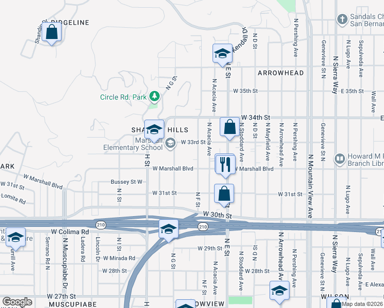 map of restaurants, bars, coffee shops, grocery stores, and more near in San Bernardino