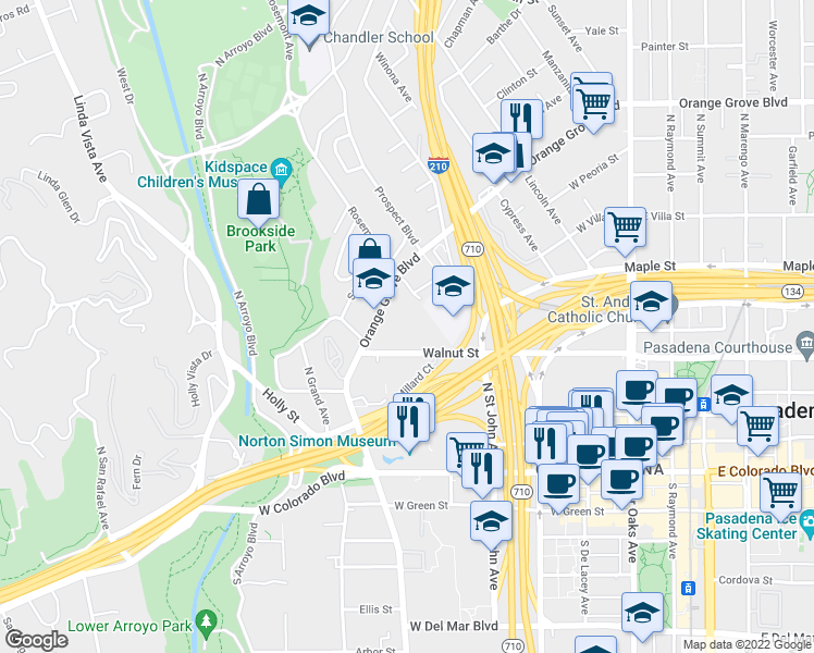 map of restaurants, bars, coffee shops, grocery stores, and more near 301 Rosemont Avenue in Pasadena
