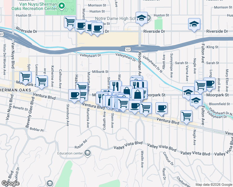 map of restaurants, bars, coffee shops, grocery stores, and more near 4405 Matilija Avenue in Los Angeles