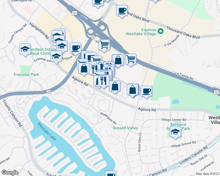 map of restaurants, bars, coffee shops, grocery stores, and more near 2919 Shadow Brook Lane in Westlake Village