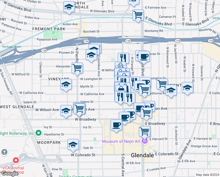 map of restaurants, bars, coffee shops, grocery stores, and more near 342 Myrtle Street in Glendale
