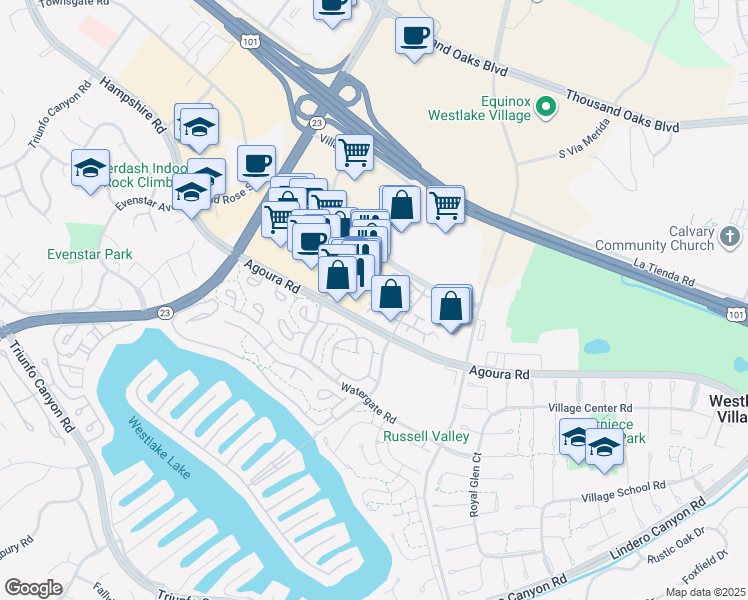 map of restaurants, bars, coffee shops, grocery stores, and more near 2919 Shadow Brook Lane in Westlake Village