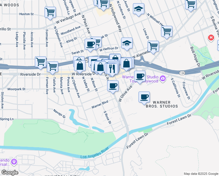 map of restaurants, bars, coffee shops, grocery stores, and more near 137 North Pass Avenue in Burbank