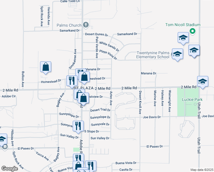 map of restaurants, bars, coffee shops, grocery stores, and more near 73872 2 Mile Road in Twentynine Palms