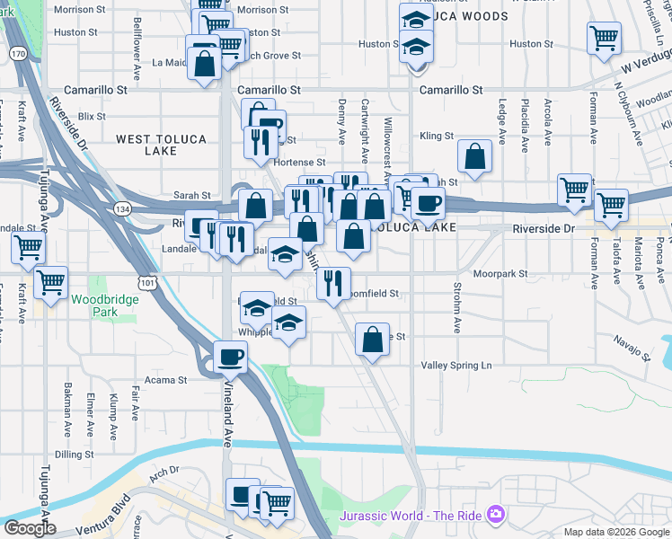 map of restaurants, bars, coffee shops, grocery stores, and more near 10745 Moorpark Street in Los Angeles