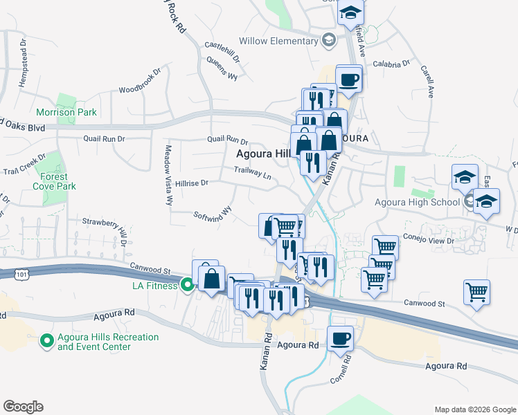 map of restaurants, bars, coffee shops, grocery stores, and more near 5507 Gladehollow Court in Agoura Hills