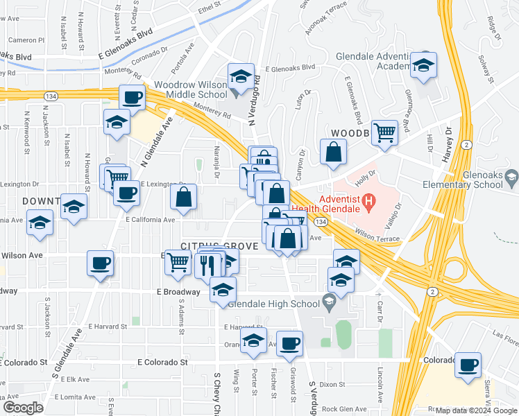 map of restaurants, bars, coffee shops, grocery stores, and more near 327 North Verdugo Road in Glendale