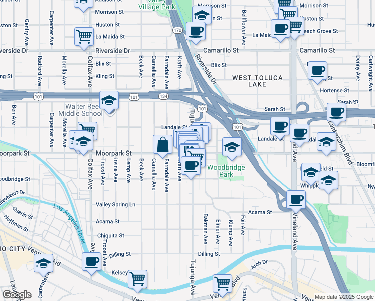 map of restaurants, bars, coffee shops, grocery stores, and more near 11425 Moorpark Street in Los Angeles