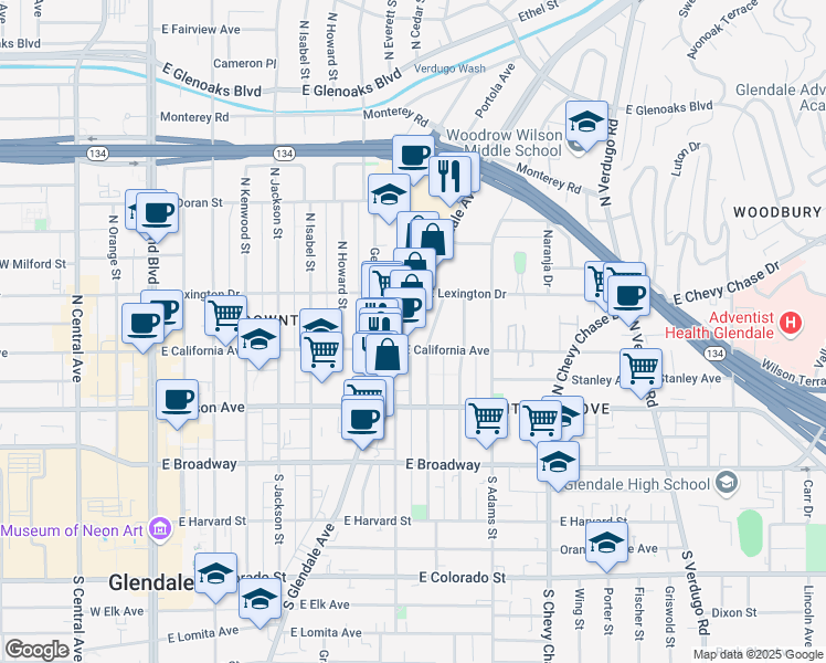 map of restaurants, bars, coffee shops, grocery stores, and more near 318 North Glendale Avenue in Glendale