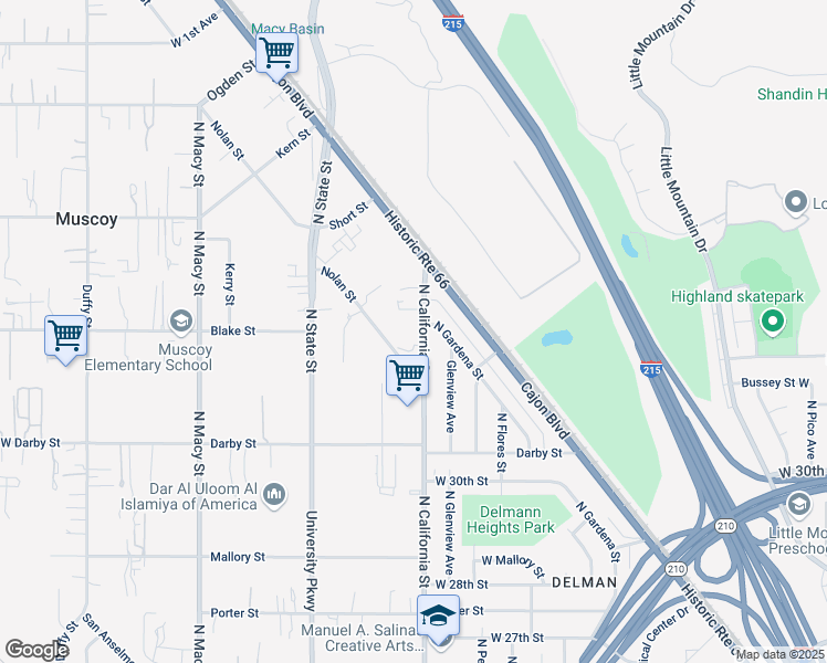map of restaurants, bars, coffee shops, grocery stores, and more near 3196 North California Street in Muscoy