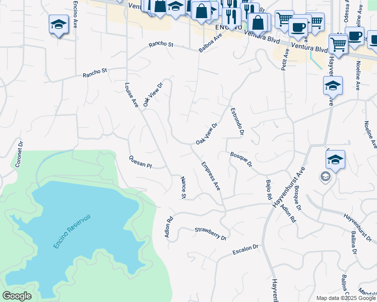 map of restaurants, bars, coffee shops, grocery stores, and more near 17031 Countess Place in Los Angeles