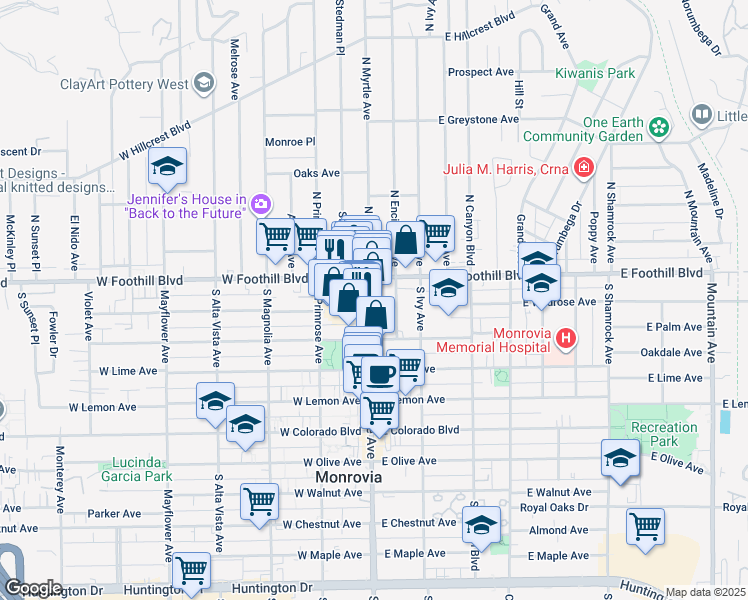 map of restaurants, bars, coffee shops, grocery stores, and more near 128 South Myrtle Avenue in Monrovia