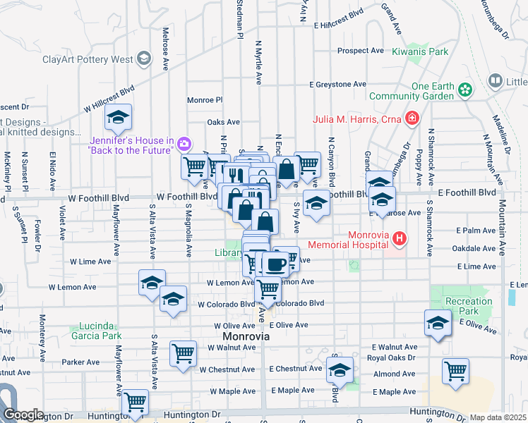 map of restaurants, bars, coffee shops, grocery stores, and more near 128 South Myrtle Avenue in Monrovia