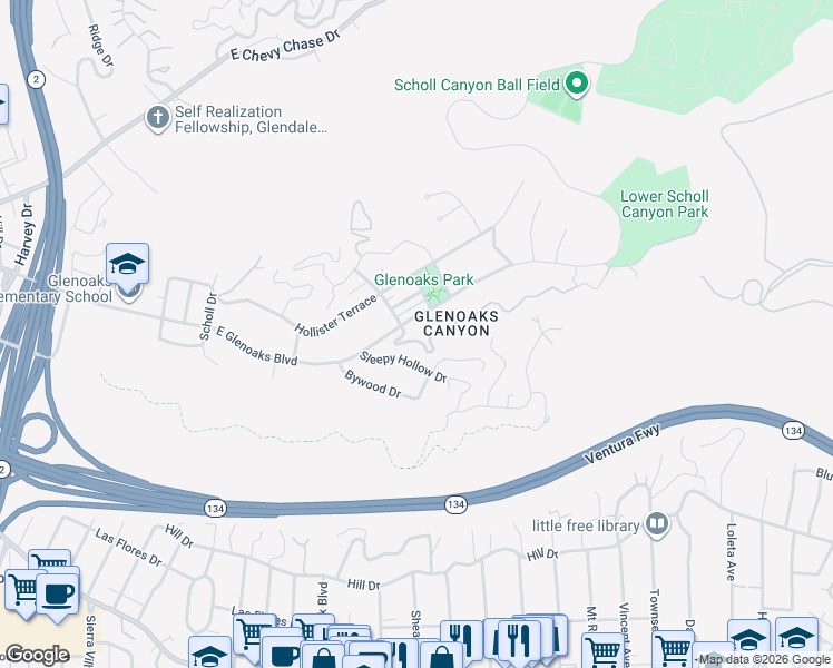 map of restaurants, bars, coffee shops, grocery stores, and more near 360 Edwards Place in Glendale