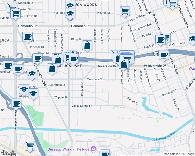 map of restaurants, bars, coffee shops, grocery stores, and more near 4402 Ledge Avenue in Los Angeles