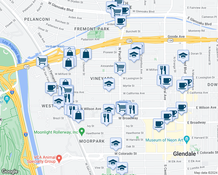map of restaurants, bars, coffee shops, grocery stores, and more near 536 Myrtle Street in Glendale