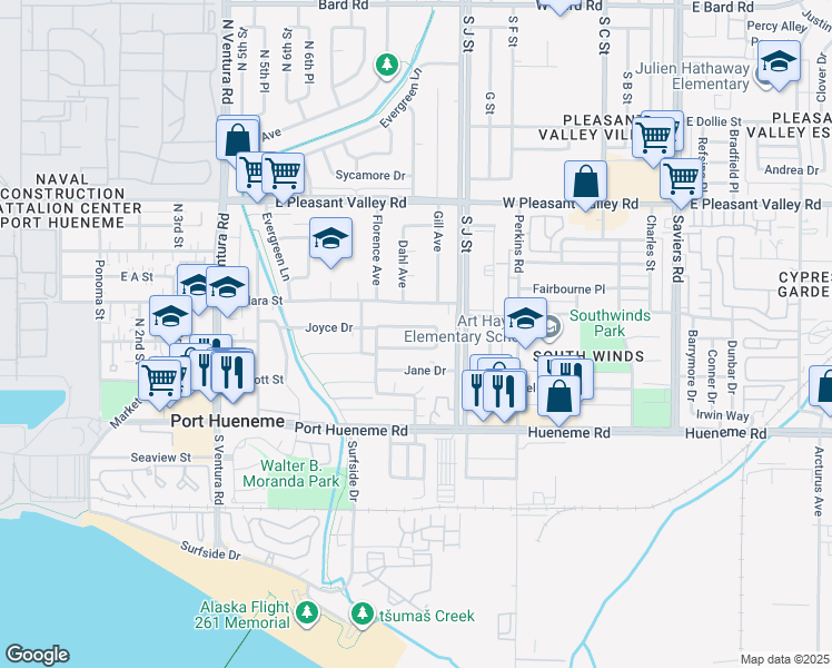 map of restaurants, bars, coffee shops, grocery stores, and more near 810 Joyce Drive in Port Hueneme