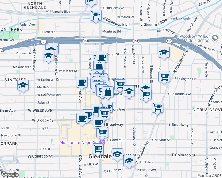map of restaurants, bars, coffee shops, grocery stores, and more near 316 North Maryland Avenue in Glendale