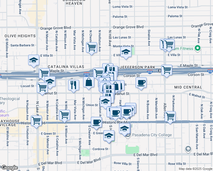 map of restaurants, bars, coffee shops, grocery stores, and more near 1366 Locust Street in Pasadena
