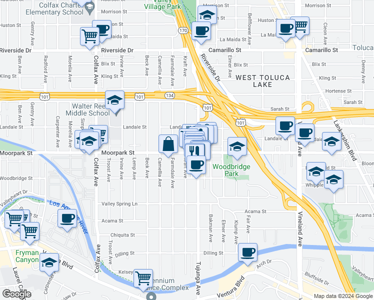 map of restaurants, bars, coffee shops, grocery stores, and more near 11425 Moorpark Street in Los Angeles