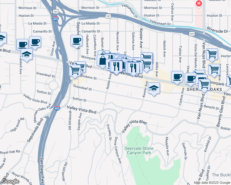 map of restaurants, bars, coffee shops, grocery stores, and more near 15029 Greenleaf Street in Los Angeles
