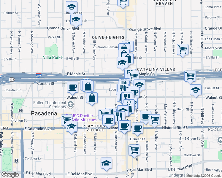 map of restaurants, bars, coffee shops, grocery stores, and more near 210 North Hudson Avenue in Pasadena