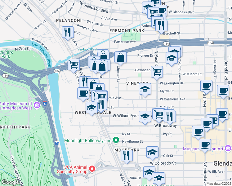 map of restaurants, bars, coffee shops, grocery stores, and more near 315 Chester Street in Glendale