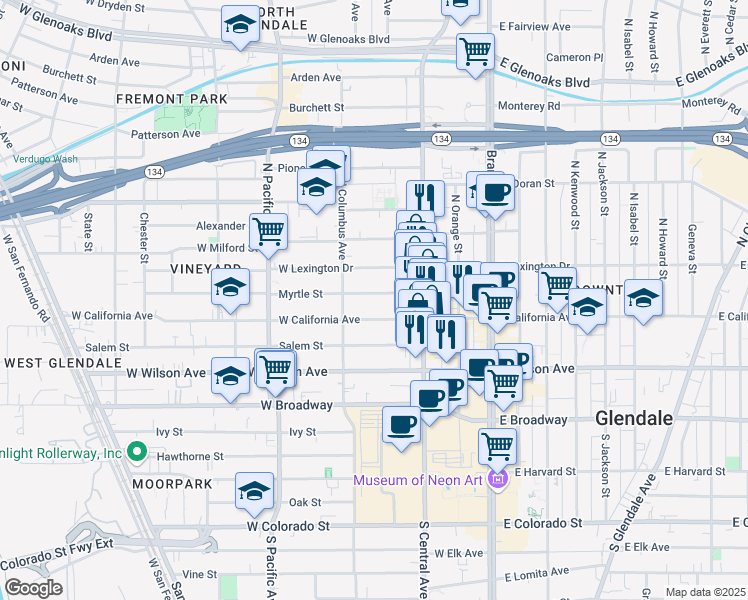 map of restaurants, bars, coffee shops, grocery stores, and more near 350 Myrtle Street in Glendale
